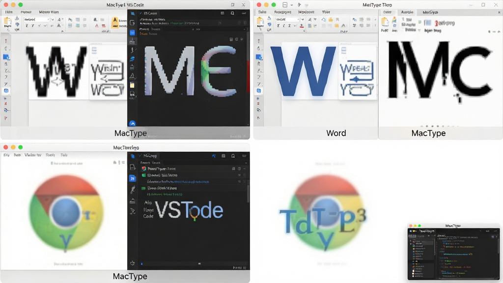 主体:MacType软件运行时的全局渲染示意图,展示多个应用窗口(如Word、Chrome、VS Code)中的字体对比。布局:四个窗口网格排列,每个窗口左侧为默认渲染,右侧为MacType渲染后的效果,右下角有MacType控制台小窗口。排版:网格布局,每个窗口下方标注应用名称,对比效果直观。风格:干净清爽的UI设计,色彩明亮,突出字体清晰度差异。细节:字体边缘平滑,无像素颗粒,文字锐利可读。画质:高清,干净,无多余元素。