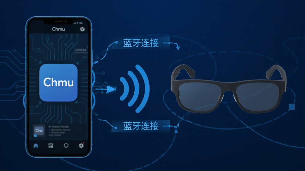 主体:Chmu软件在手机后台运行,连接智能眼镜的示意图。布局:左侧为手机界面,右侧为智能眼镜,中间用无线信号连接。排版:简洁流程化展示。风格:科技蓝背景,线条感强。细节:标注“Chmu”和“蓝牙连接”字样。画质:清晰,干净无多余元素。