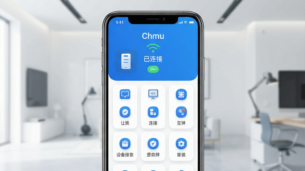 主体:Chmu软件主界面在智能手机上展示,背景为现代简约风格。布局:手机居中,界面显示设备连接状态和主要功能图标。排版:功能图标呈网格排列,色彩以蓝色和白色为主。风格:科技感、干净、扁平化设计。细节:屏幕中显示“Chmu”字样和“已连接”状态。画质:高清渲染,干净无多余元素。