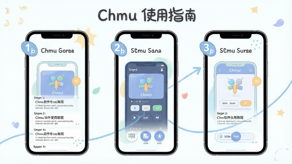 主体:Chmu软件使用教程步骤图。布局:手机屏幕分步展示操作流程。排版:步骤序号清晰标注。风格:清新插画风,色彩柔和。细节:标注“Chmu使用指南”字样。画质:高清,干净无多余元素。
