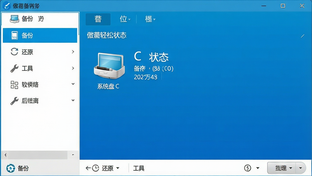 一张现代简约风格的电脑软件界面截图,主体是傲梅轻松备份主窗口,左侧功能列表清晰显示“备份”、“还原”、“工具”等选项卡,右侧主区域展示系统盘C盘备份状态,界面以蓝色和白色为主色调,布局规整,细节丰富,画质干净,无多余元素