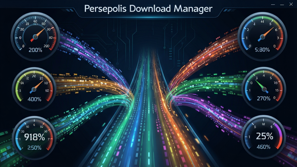 一幅动态数据流可视化插图,主题为Persepolis Download Manager,画面中央显示多股彩色数据流汇聚成高速通道,周围有速度仪表盘和百分比数字,风格科技感强,布局对称,细节丰富,画质清晰,无多余元素