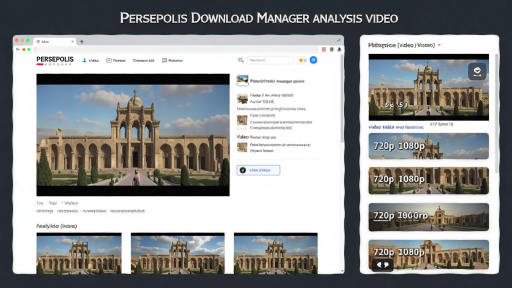 一幅展示Persepolis Download Manager解析视频的插图,画面左侧为视频网站界面缩略图,右侧为解析出的视频清晰度列表,包括720p、1080p等选项,整体布局清爽,风格扁平化,细节精致,画质干净,无多余元素