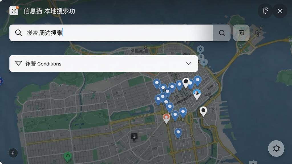 信息猫本地搜索功能截图,地图背景上显示周边信息点,搜索框输入关键词,筛选条件栏清晰可见,界面简洁明了,风格现代,高清画质