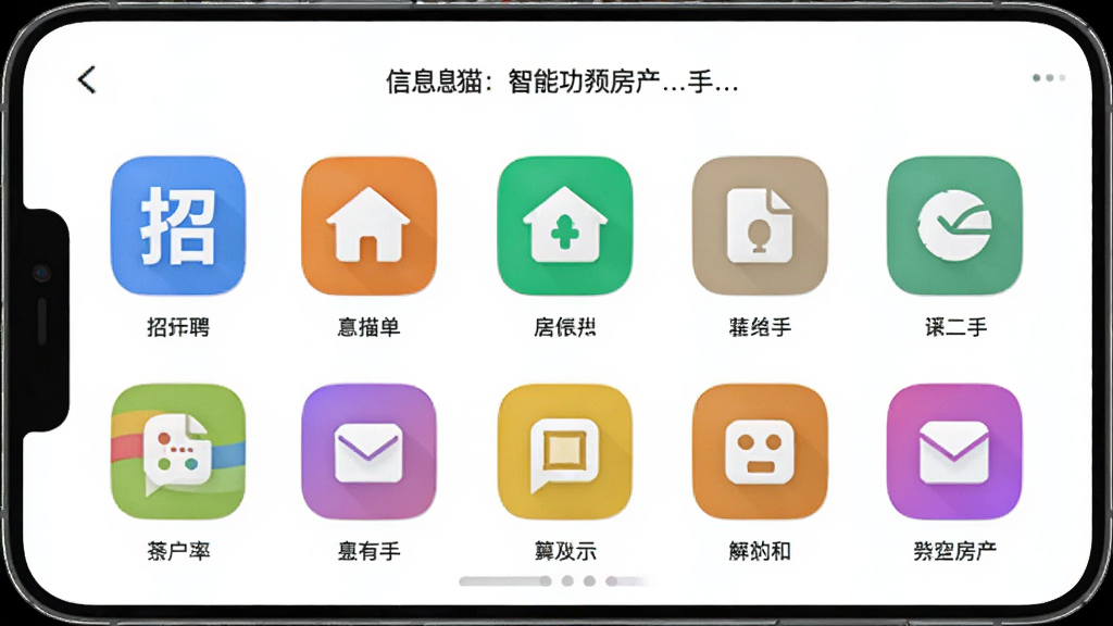 信息猫智能分类功能预览图,手机界面上展示多个分类图标,如招聘、房产、二手等,每个图标色彩鲜明,布局整齐,界面干净清爽,高清画质