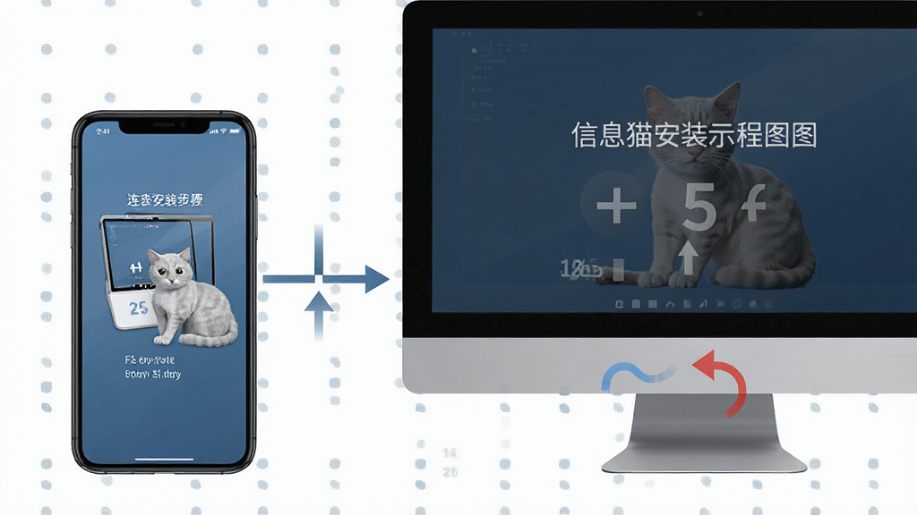 信息猫安装教程示意图,手机连接电脑,显示安装步骤,背景简洁,画质清晰,无多余元素