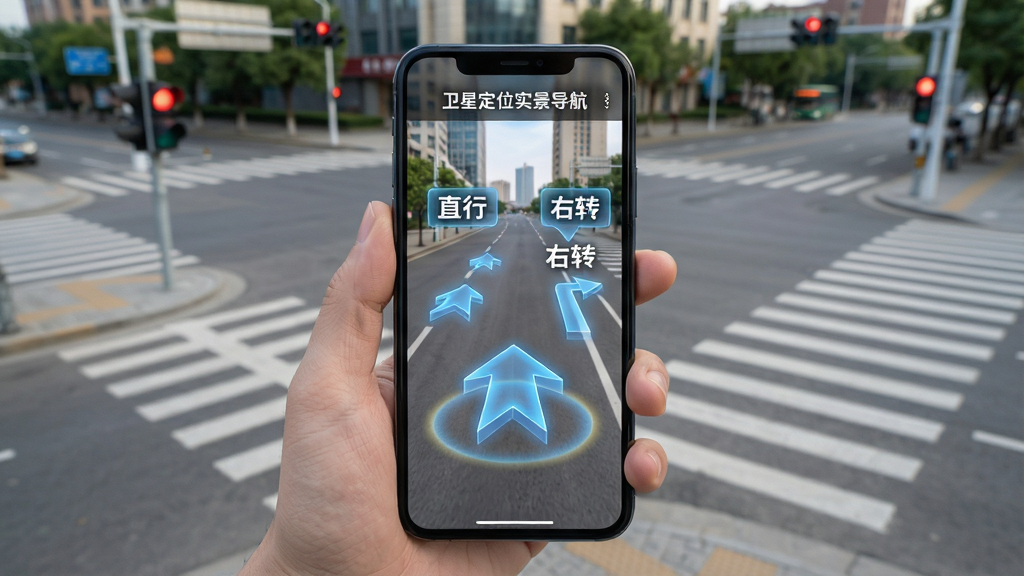 画面主体为城市十字路口实景,一位行人手持手机,手机屏幕显示“卫星定位实景导航”AR模式,画面中道路实景上悬浮着半透明发光的蓝色转向箭头和“直行”“右转”文字标签。布局采用第一人称视角,手机屏幕占据画面中央,周围是真实的斑马线和红绿灯。排版突出屏幕内AR元素的立体感与真实环境的融合。风格为写实摄影与数字特效结合,光线自然,细节包括箭头的光晕和屏幕反光。画质为4K高清,干净无多余元素。
