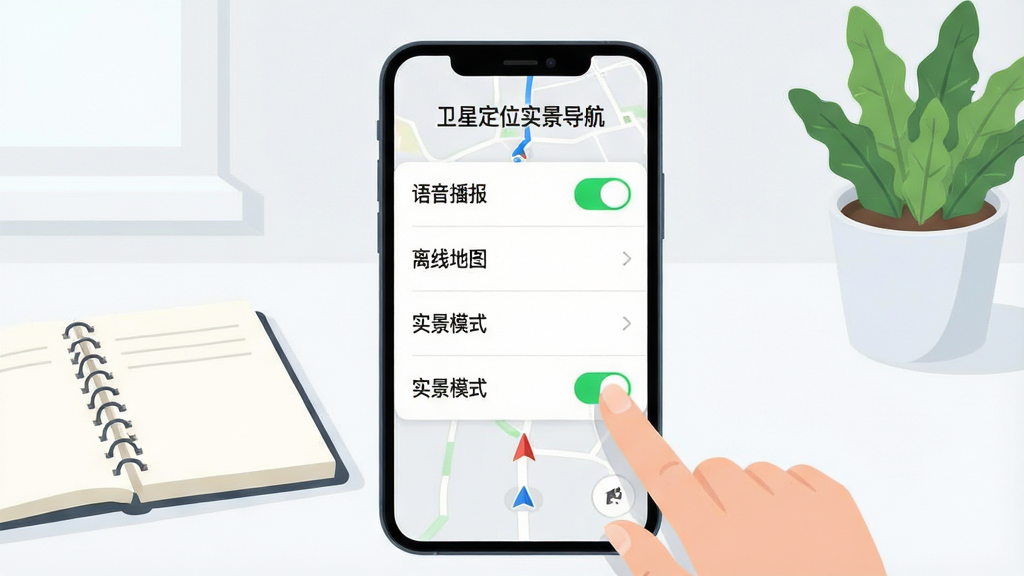 画面主体为一部手机竖屏放置,屏幕显示“卫星定位实景导航”的导航设置界面,包含“语音播报”、“离线地图”、“实景模式”等选项,手指正在点击“实景模式”开关。布局为手机居中,背景为简洁的室内书桌,有笔记本和绿植。排版突出设置项列表,清晰易读。风格为清爽明亮的扁平插画风格,细节包括开关的绿色高亮。画质为高清,干净无多余元素。