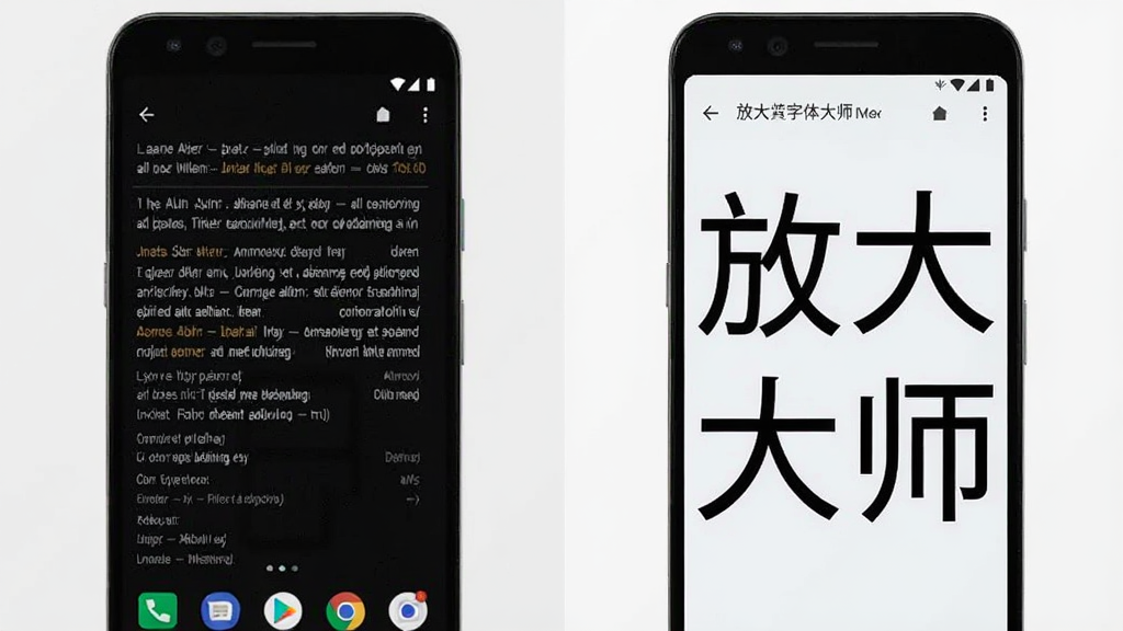 一部安卓手机的屏幕分成左右对比图,左侧是未放大字体的普通界面,文字较小,右侧是使用“放大字体大师”后的界面,文字明显变大且清晰,背景为纯色,风格简洁直观,画质干净,无多余元素