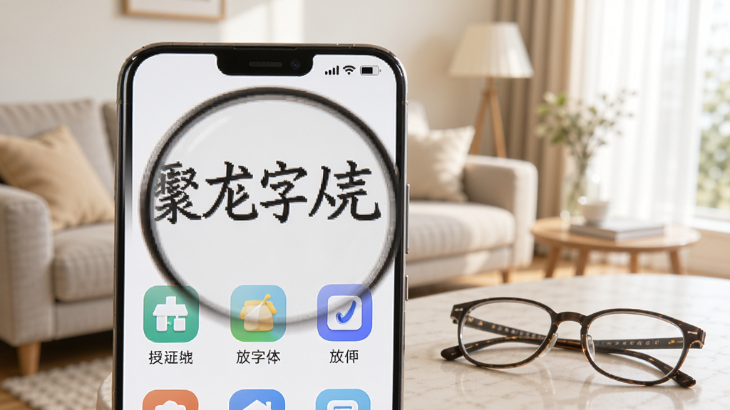 一张智能手机的屏幕特写,屏幕中显示出被放大后的清晰中文文字和图标,界面简洁明亮,手机旁边放着一副老花镜,背景是温馨的客厅环境,整体画面柔和、干净,突出“放大字体大师”软件带来的清晰阅读体验,画质高清,无多余元素
