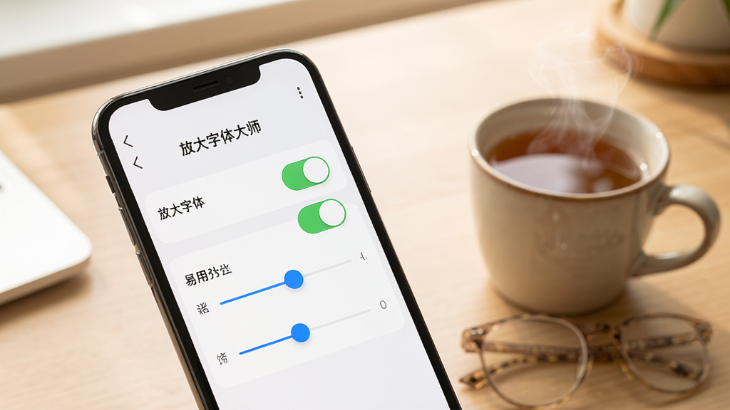 一部手机正在显示放大字体大师的设置界面,界面上有开关按钮和滑块,背景是干净的书桌,旁边放着一杯热茶,整体风格温馨,画面清晰,突出“放大字体大师”的易用性,画质高清,无多余元素