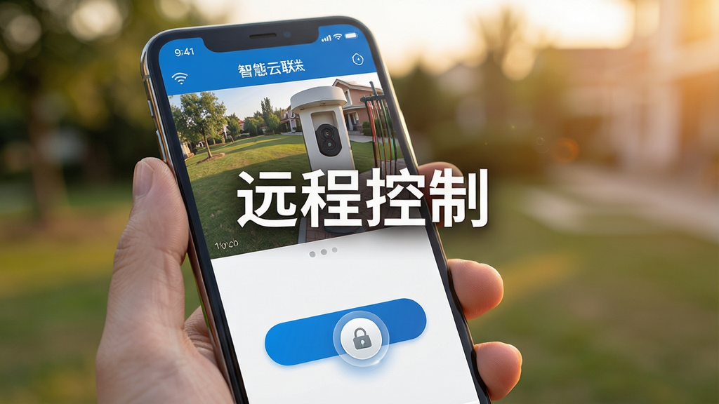 主体:用户手持手机,屏幕上显示智慧云联APP的远程控制界面,背景为户外场景;布局:手机屏幕特写,界面显示摄像头实时画面和开锁按钮;排版:画面中央突出“远程控制”字样,按钮醒目;风格:写实与科技结合,色调温暖;细节:摄像头画面清晰,按钮有按压效果,背景虚化突出主体;画质:高清,干净,无多余元素。