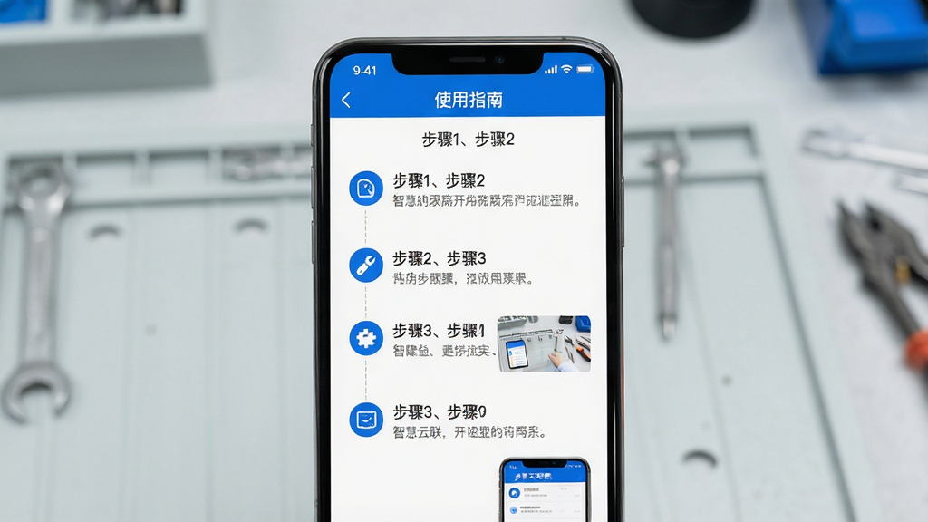主体:智慧云联APP在手机上运行的截图,屏幕显示“使用指南”界面,包含步骤文字和示例图;布局:手机屏幕居中,背景为浅灰色工作台;排版:步骤文字清晰,配有小图标;风格:教程风格,简洁易懂;细节:文字标注“步骤1、步骤2”,图标为蓝色;画质:高清,干净,无多余元素。