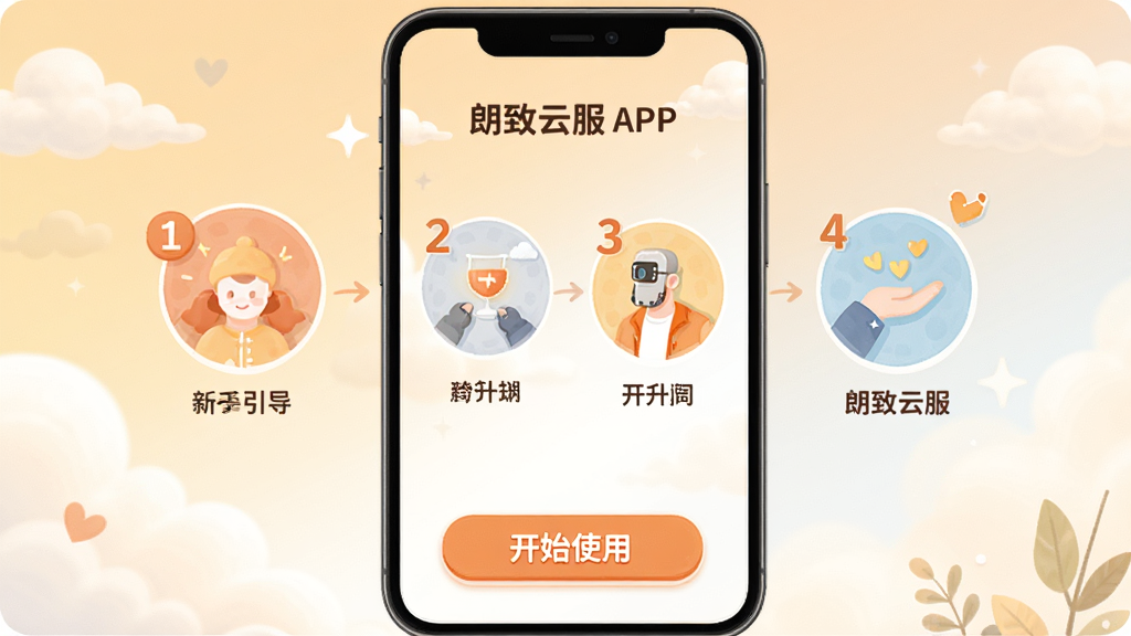 ���壺�����Ʒ�APP��ʹ��ָ�Ͻ��棬չʾ�����������裻���֣��ֻ���Ļ���룬��Ϊ�ĸ�����ͼʾ���·��С���ʼʹ�á���ť���Ű棺����ͼ��ΪԲ�Σ����м�����֣���񣺲廭�磬ůɫ�������»��ã�ϸ�ڣ�ÿ�����������ֱ�ţ��������ƶ����������ʣ��ɾ��޶���Ԫ�ء�