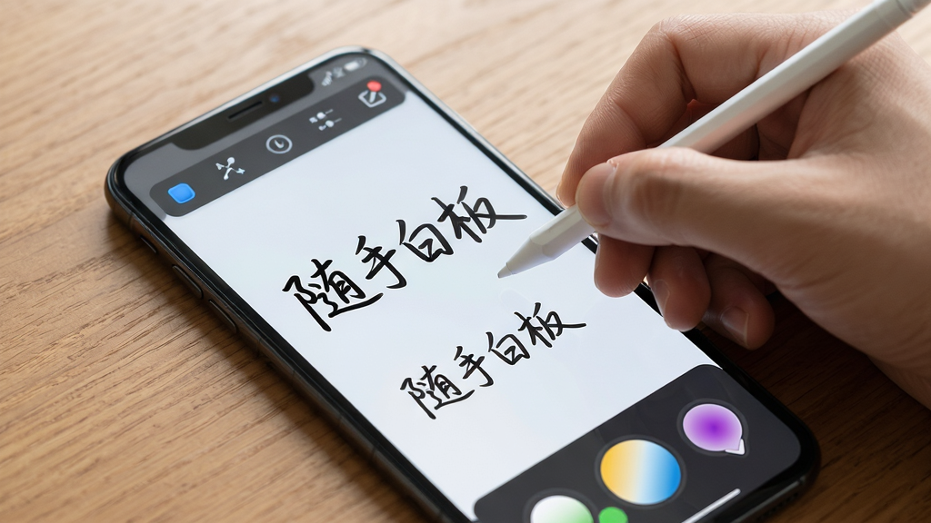 主体:一只手拿着触控笔在手机屏幕上书写“随手白板”四个字,屏幕显示流畅的笔迹线条和墨迹效果。布局:手机斜放于木桌上,手部动作自然,屏幕特写。排版:屏幕上方有简洁的工具栏图标,下方有颜色选择圆盘,文字“随手白板”清晰可见。风格:写实与科技感结合,光线柔和,细节锐利,画质干净。