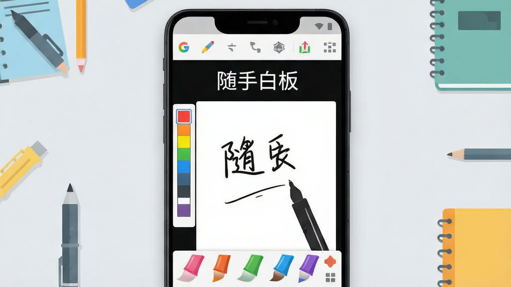 主体:一款名为“随手白板”的安卓应用界面展示,手机屏幕占据画面中心,屏幕上显示手写笔迹与彩色画笔工具条。布局:手机竖屏居中,背景为浅灰色桌面,周围点缀几个简约的文具图标。排版:手机界面清晰展示顶部工具栏、左侧颜色选择器、中央手写区域,界面文字标注“随手白板”字样。风格:扁平化设计,色彩明快,细节丰富,画质高清,干净无多余元素。