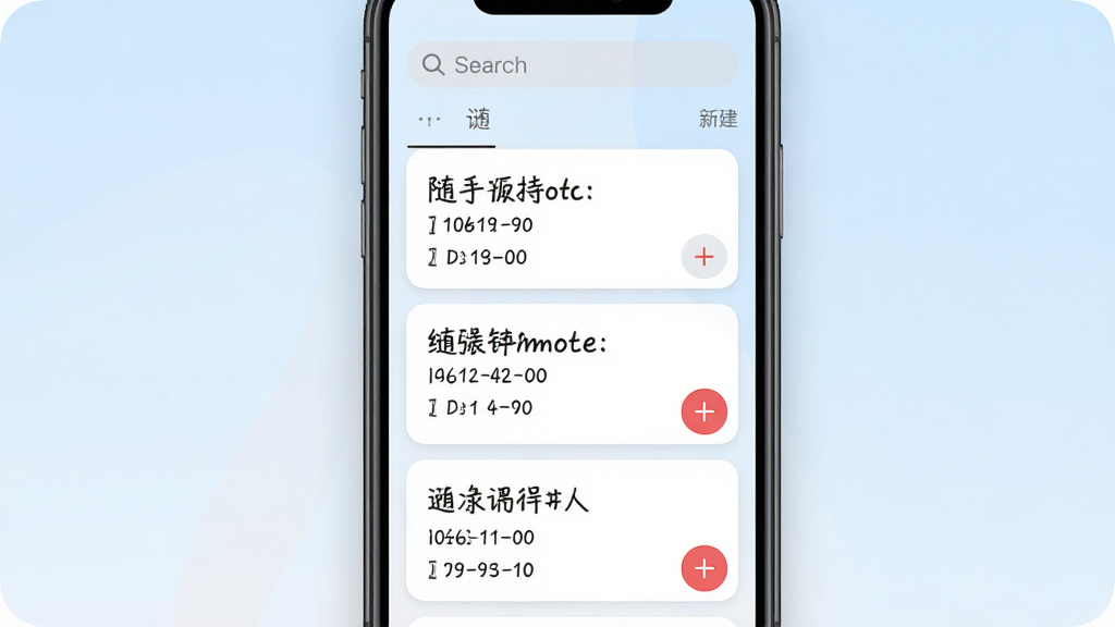 主体:手机屏幕显示随手白板应用的主界面,展示手写笔记列表和新建按钮。布局:手机竖屏居中,背景为淡蓝色渐变,上方有搜索栏,下方有笔记卡片。排版:笔记卡片排列整齐,显示标题和日期,右下角有红色“+”按钮。风格:清新简约,色彩柔和,细节清晰,画质干净。