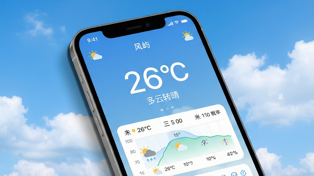 主体:一部智能手机屏幕显示风屿天气应用界面,背景是晴朗蓝天与白云,界面中央显示当前温度26℃和“多云转晴”字样,下方有未来三小时降水概率图表。布局:手机居中,屏幕内容清晰可见,周围留白。排版:手机略倾斜,视觉焦点集中在屏幕内容。风格:现代扁平化设计,色彩清新明亮,UI界面简洁。细节:手机边框有阴影,界面图标精致,温度数字采用大号字体。画质:8K超高清,干净,无多余元素。