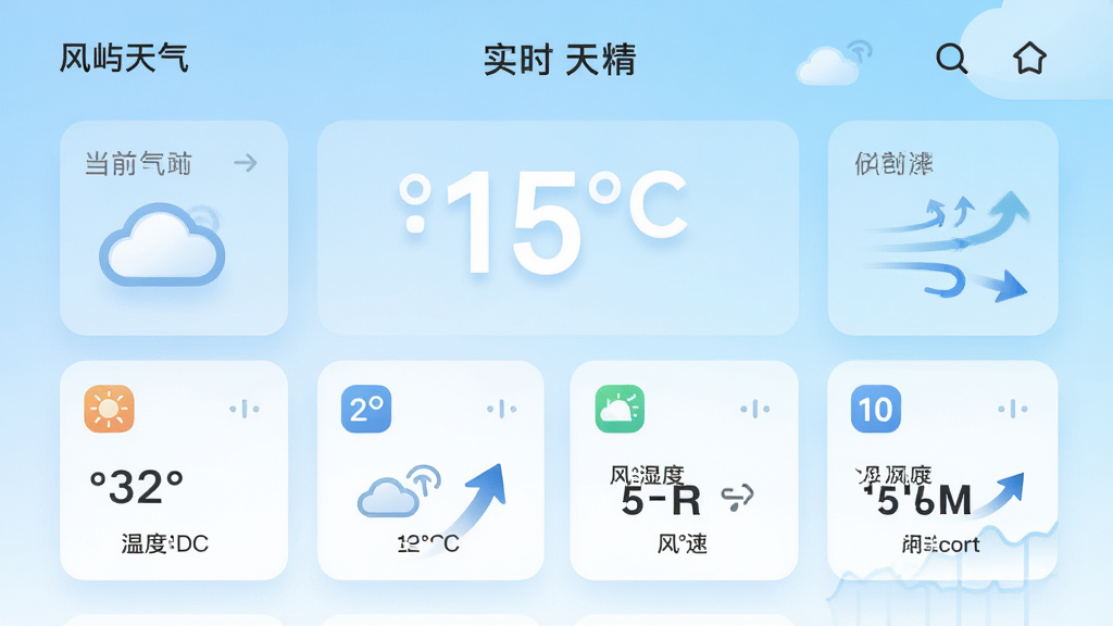 主体:风屿天气应用的“实时天气”详情页,展示温度、湿度、风速等数据卡片。布局:页面以卡片式布局排列,顶部是当前温度大数字,下方是各项指标图标。排版:信息层次分明,数据可视化图表清晰。风格:科技感与清新感结合,背景为浅蓝色渐变。细节:每个数据卡片带有小图标,风速用动态箭头表示。画质:高清渲染,干净,无多余元素。