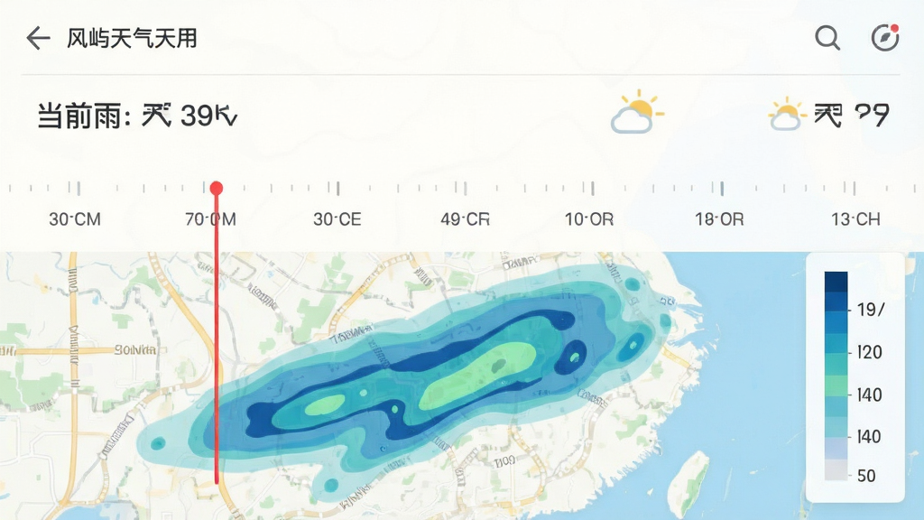 主体:风屿天气应用界面展示未来两小时降水预报时间轴,雨量图用蓝绿色渐变表示降水强度。布局:上方是当前天气信息,下方是时间轴与雨量图。排版:时间轴横向排列,雨量图以地图形式展示。风格:简洁明快,地图部分有街道标注。细节:当前时间点有红色竖线标记,降水强度图例清晰。画质:细腻清晰,干净,无多余元素。