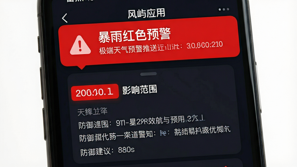 主体:风屿天气应用推送极端天气预警通知,手机屏幕上方弹出红色预警横幅,内容为“暴雨红色预警”。布局:手机屏幕背景为应用主界面,横幅位于顶部。排版:横幅醒目,带有警示图标。风格:严肃且醒目,背景为暗色调。细节:预警等级用红色高亮,影响范围与防御建议文字清晰。画质:高对比度,干净,无多余元素。
