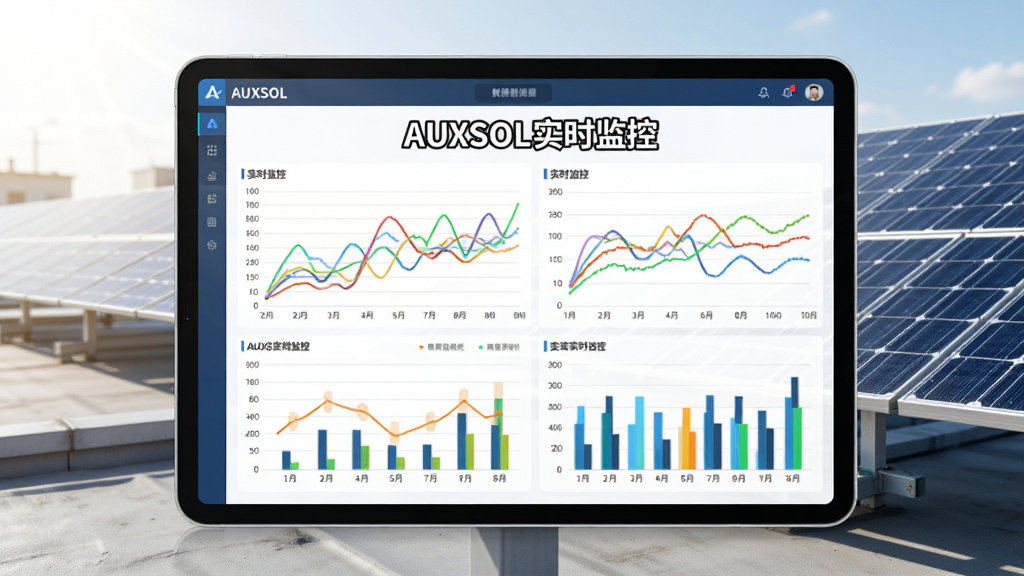 一幅AUXSOL软件数据监控界面的概念图,画面中央是一块大屏幕平板电脑,屏幕显示彩色折线图和柱状图,标注“AUXSOL实时监控”字样,背景是户外屋顶太阳能板阵列,光线明亮,风格写实,画质清晰,无多余元素