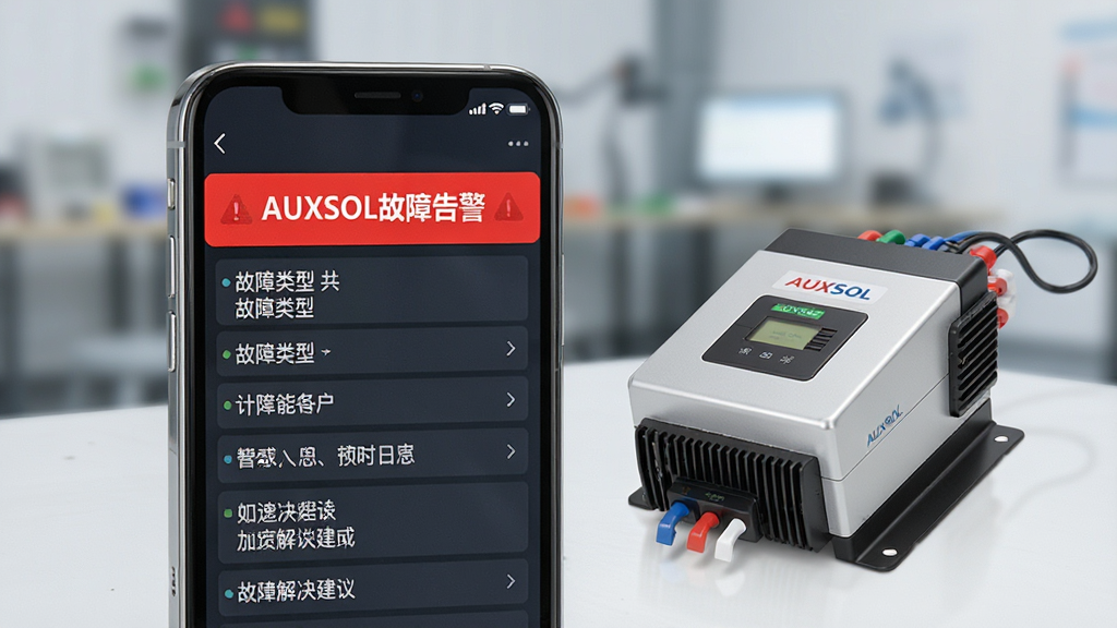 一张AUXSOL智能告警功能的手机界面图,手机屏幕显示红色告警横幅,上面写着“AUXSOL故障告警”,下方列出故障类型和解决建议,手机旁边放置一个小型逆变器模型,背景模糊处理,整体风格专业,画质干净,无多余元素