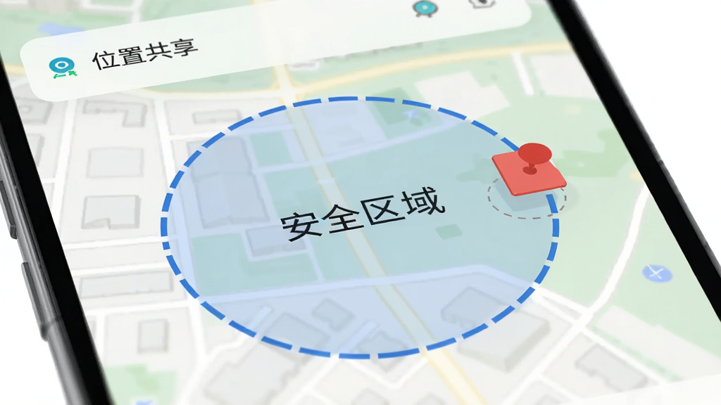 地图上画有一个圆形蓝色虚线圈,圈内标注“安全区域”,圈外有一个移动的红色标记,手机状态栏显示“位置共享”推送通知,界面明亮,图形简洁,画质高清