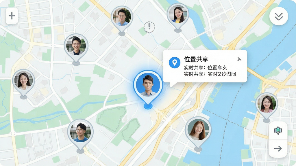 地图界面展示多个好友头像标记分布在城市街道上,其中一个标记高亮显示,弹出小窗显示“位置共享”实时定位信息,地图风格清新,标记点清晰,整体画面干净,细节丰富,画质高清