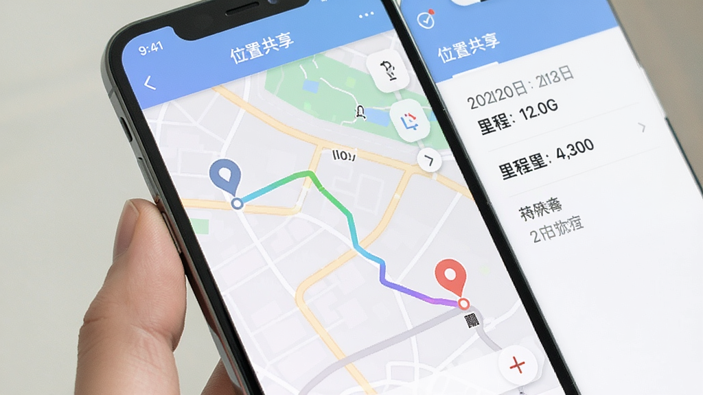 手机屏幕展示“位置共享”历史轨迹回放界面,地图上有一条彩色线条标注的路线,起点和终点有标记,侧边栏显示日期和里程数据,界面清晰,色彩柔和,画质干净