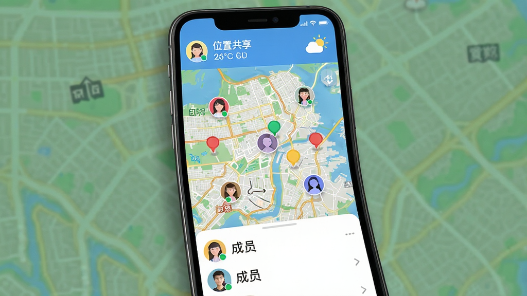 手机屏幕展示“位置共享”群组地图,多个彩色头像分布在城市地图上,底部有成员列表,顶部显示群组名称和天气信息,界面色彩丰富,布局合理,画质干净