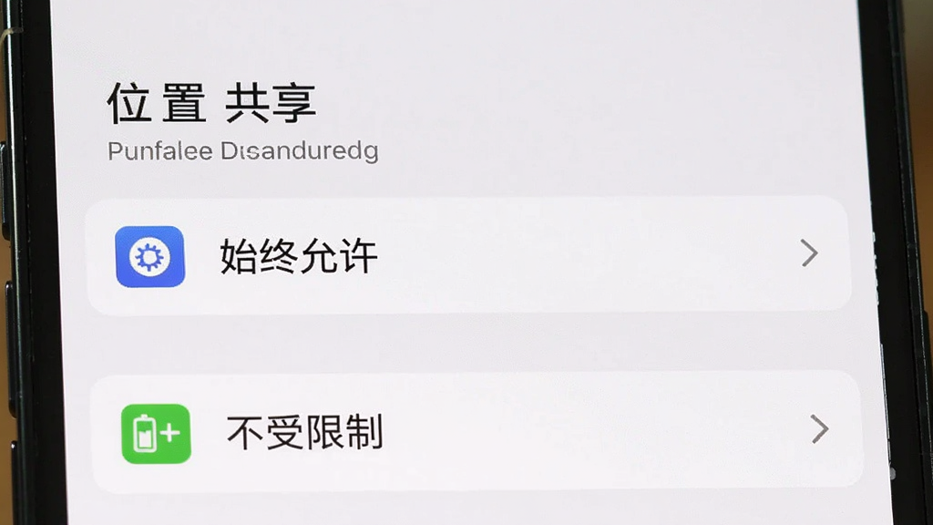 手机设置页面显示“位置共享”应用权限管理,定位权限为“始终允许”,旁边有电池优化设置为“不受限制”,界面清晰,图标直观,画质干净