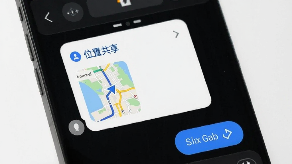 手机聊天界面中,一条消息卡片显示“位置共享”链接及地图缩略图,点击后跳转至导航页面,箭头指示方向,整体画面简约,交互流畅,画质清晰
