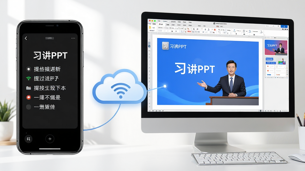 主体:手机与电脑并排摆放,屏幕显示习讲PPT的同步界面;布局:手机在左,电脑在右,中间有云朵图标连接;排版:手机屏幕上显示提词器界面,电脑屏幕显示演示文稿编辑界面;风格:写实风格,光线明亮,桌面整洁;细节:屏幕上有“习讲PPT”字样,云朵上带WiFi图标;画质:高清,干净,无多余元素