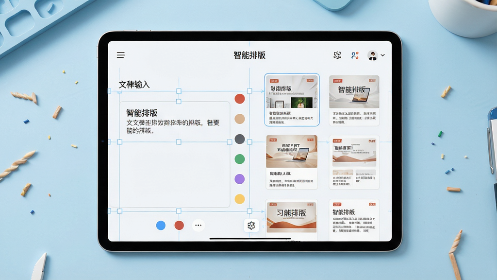 主体:一个平板电脑横屏展示习讲PPT的智能排版功能界面;布局:平板居中,背景为淡蓝色工作台;排版:屏幕左侧显示文本输入框,右侧自动生成多种排版缩略图供选择;风格:科技感UI设计,界面图标精致,浅色背景;细节:屏幕上有“智能排版”字样,周围有对齐辅助线和色彩圆点装饰;画质:高清,干净,无多余元素