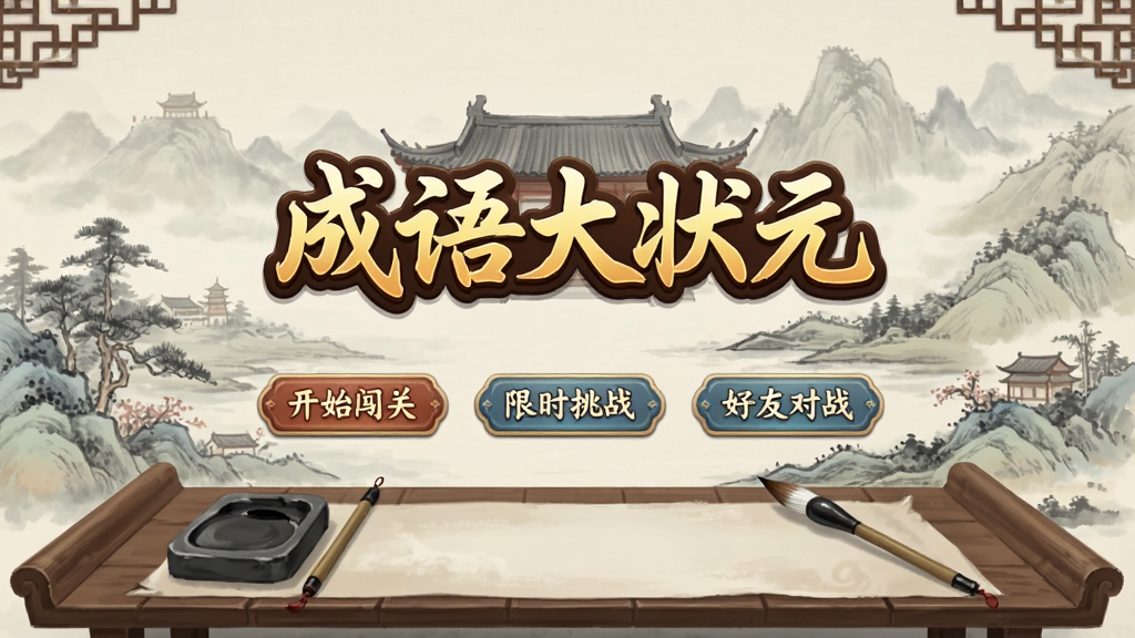 成语大状元游戏主界面截图,背景为山水画风格的古代书院,前景有书桌、砚台和毛笔,中央显示游戏Logo“成语大状元”,下方有“开始闯关”“限时挑战”“好友对战”三个按钮,整体布局古风浓郁,色彩淡雅,画质清晰,风格唯美,突出软件名称,干净无多余元素