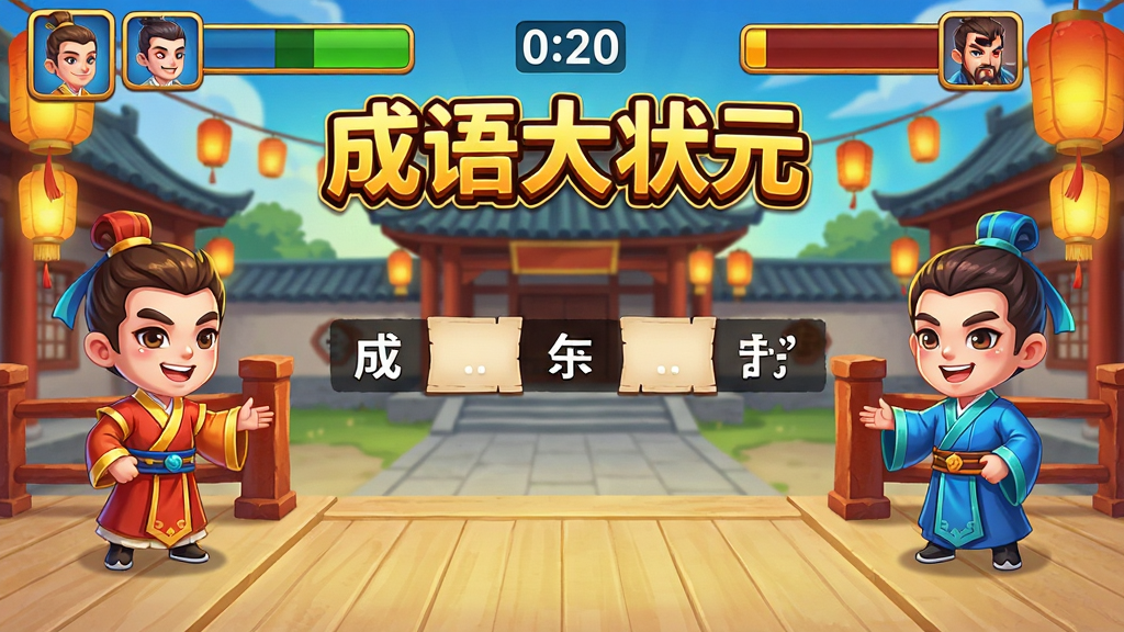 成语大状元游戏对战界面,两名玩家角色分别站在古代擂台两侧,中间显示一道成语填空题,屏幕顶部有双方头像与倒计时条,背景为古代庭院与灯笼装饰,界面色彩鲜明,角色卡通可爱,画质高清,风格活泼,突出“成语大状元”游戏名称,无多余元素