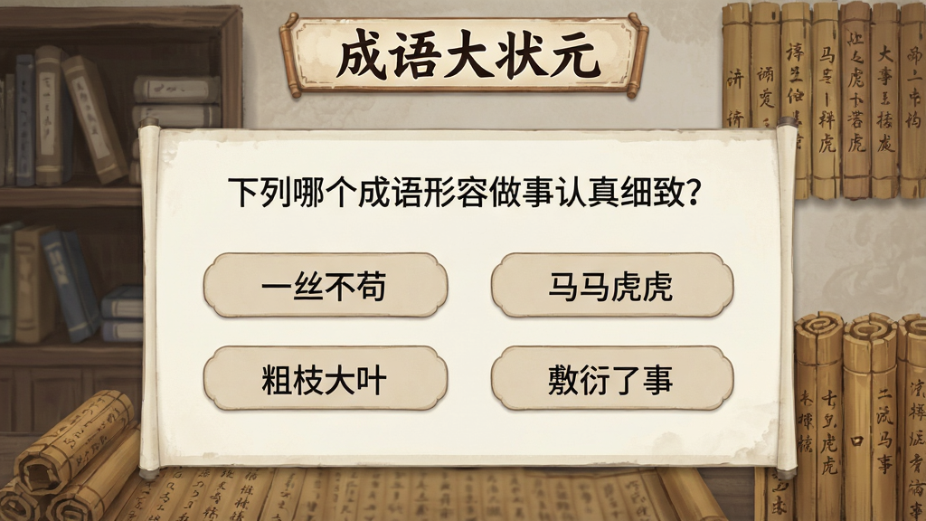 游戏内成语题库界面预览图,屏幕中央显示一道成语选择题,题目为“下列哪个成语形容做事认真细致?”,下方四个选项分别为“一丝不苟”“马马虎虎”“粗枝大叶”“敷衍了事”,背景为古风书架与竹简装饰,界面简洁,文字清晰,画质细腻,整体色调淡雅,突出“成语大状元”游戏名称,干净无多余元素