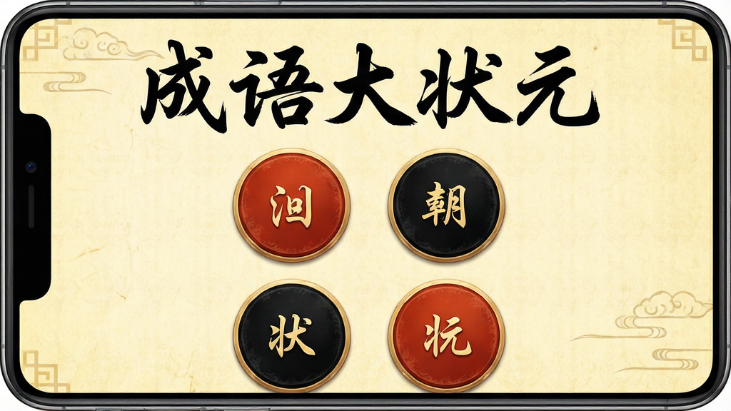 画面中央展示一款名为“成语大状元”的手机游戏界面,界面以古典中国风为主,背景为淡黄色宣纸纹理,上方有毛笔书写的“成语大状元”五个大字,下方为四选一答题界面,四个选项按钮呈圆形排列,颜色为朱红与墨黑搭配,整体布局均衡,画面干净,画质高清,细节丰富,风格写实,突出游戏名称与答题玩法,无多余元素