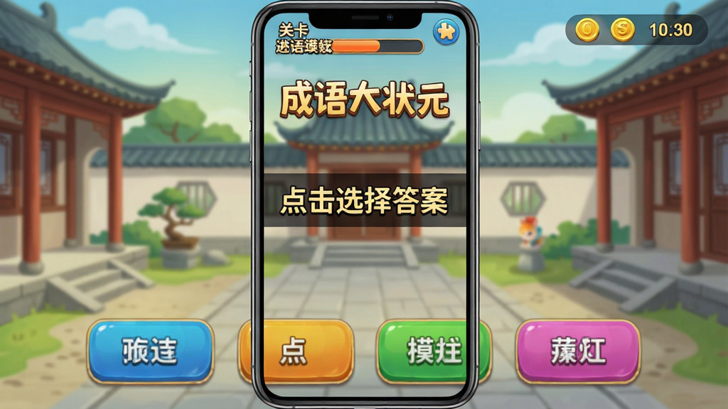 成语大状元游戏操作界面,手机竖屏显示一道成语选择题,屏幕下方有四个彩色选项按钮,顶部显示关卡进度与金币数量,画面中央有“点击选择答案”的引导提示,背景为古风庭院,界面清晰,文字醒目,画质高清,风格简洁,突出软件名称,无多余元素
