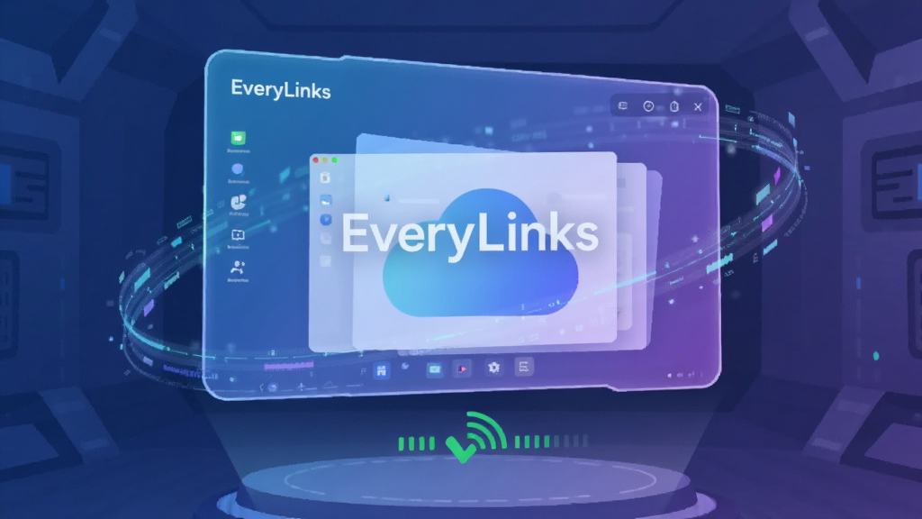 画面主体为一块悬浮在科技感空间中的全息透明屏幕,屏幕中央显示“EveryLinks”字样与流畅的云电脑桌面界面。布局上,屏幕位于画面中心偏上,下方有连接成功的绿色状态标识与网络信号图标。整体风格为现代科技感插画,采用蓝紫色渐变色调,细节包含流动的数据光线环绕屏幕,画质高清干净,无多余元素。