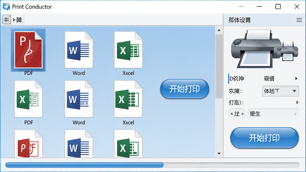 主体:Print Conductor软件界面,显示多份不同格式文档(PDF、Word、Excel)排列在列表中,旁边有“开始打印”按钮。布局:软件主窗口居中,左侧为文档列表,右侧为打印机设置区域,底部有进度条。排版:清爽简洁,功能分区明确。风格:现代商务风,色彩柔和,以蓝白为主色调。细节:文档缩略图清晰,打印机图标醒目,按钮有光泽感。画质:高清,干净,无多余元素。