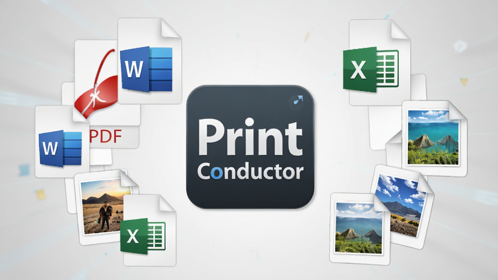 主体:Print Conductor软件图标与多种文档格式文件(PDF、Word、Excel、图片)环绕排列。布局:图标居中,文档文件以扇形或网格状分布四周。排版:层次分明,突出软件的核心能力。风格:科技感与现代感结合,背景为浅灰色渐变。细节:每种文件格式都有对应的小图标,色彩鲜艳。画质:高分辨率,干净,无多余元素。