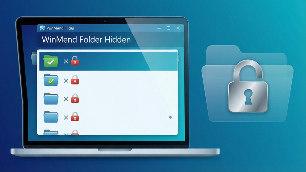 主体:一台运行着WinMend Folder Hidden主界面的笔记本电脑,屏幕清晰显示几个文件夹的隐藏与锁定状态图标。布局:电脑位于画面中央偏左,右侧留白区域用半透明的方式勾勒出文件夹上锁的视觉符号。排版:界面窗口放大展示,软件名称WinMend Folder Hidden以简洁的白色字体显示在窗口标题栏,下方列表中有绿色对勾和红色锁头图标。风格:现代扁平化插画风格,色彩以深蓝和青色为主,搭配柔和的渐变背景。细节:电脑屏幕反光柔和,锁头图标带有微弱的金属质感,整体光线明亮干净。画质:8k分辨率,高细节,干净,无多余元素