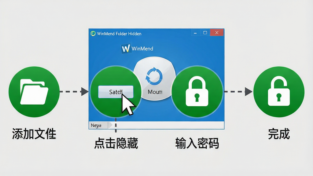 主体:一张操作流程图,中心是WinMend Folder Hidden的软件界面截图风格图,周围分布着四个步骤指示图标(添加文件、点击隐藏、输入密码、完成)。布局:流程图采用横向排列,从左到右依次展开,每个步骤下方有简短文字说明。排版:界面窗口为蓝色调,步骤图标为绿色圆形,带有白色符号。风格:清爽的说明书风格,背景为浅灰色,线条简洁明快。细节:每个步骤之间用带箭头的虚线连接,鼠标指针悬停在第二步的按钮上。画质:高清晰度,干净,无多余元素