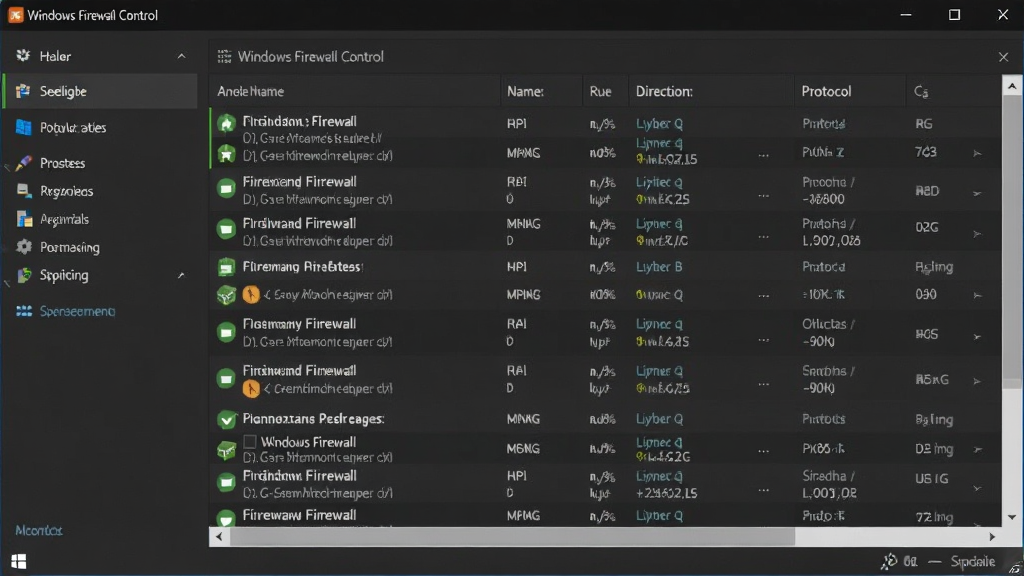 一张现代简洁的电脑桌面截图,主体显示Windows Firewall Control软件主界面,界面采用深色主题,左侧是功能导航栏,右侧为规则列表,列表中有多条已启用的防火墙规则,界面布局清晰,排版规整,风格为专业软件界面设计,细节包括规则名称、方向、操作、协议等列,画质高清,干净,无多余元素