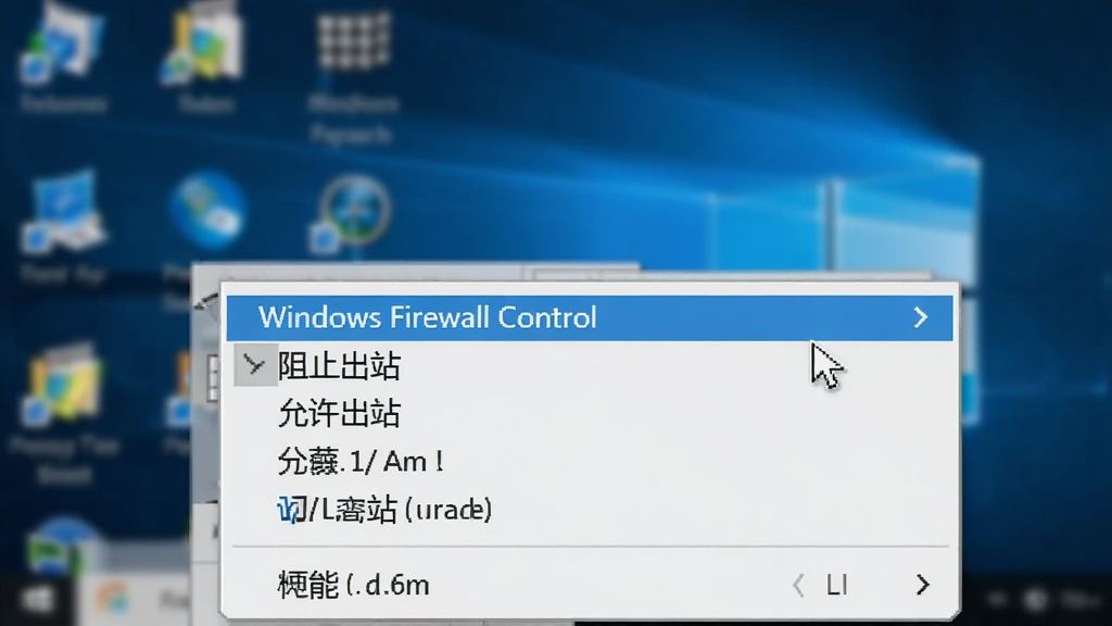 一张Windows桌面右键菜单截图,菜单中突出显示“Windows Firewall Control”子菜单项,展开后包含“阻止出站”、“允许出站”等选项,背景为模糊的桌面壁纸,风格为系统界面截图,细节包括鼠标指针悬停在菜单项上,画质清晰,干净,无多余元素