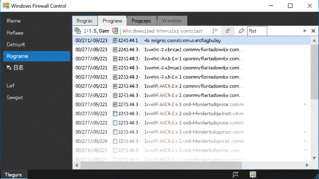 一张电脑屏幕显示Windows Firewall Control运行时的截图,主体为软件主界面,左侧导航栏高亮“日志”选项卡,右侧显示多条拦截记录,布局为清晰的分栏设计,风格为软件操作界面,细节包括时间戳和程序路径,画质清晰,干净,无多余元素