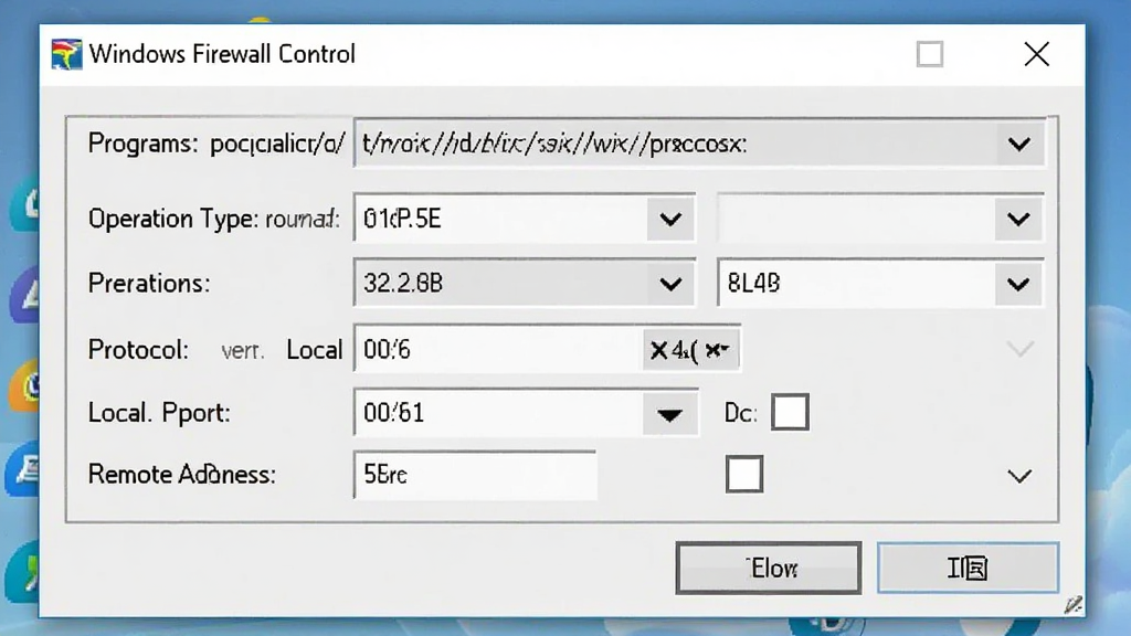 一张电脑屏幕特写,主体显示Windows Firewall Control软件的规则编辑窗口,窗口中包含程序路径、操作类型、协议、本地端口、远程地址等设置项,布局为标准的Windows对话框样式,风格为清晰的功能配置界面,细节包括下拉菜单和复选框,画质清晰,干净,无多余元素