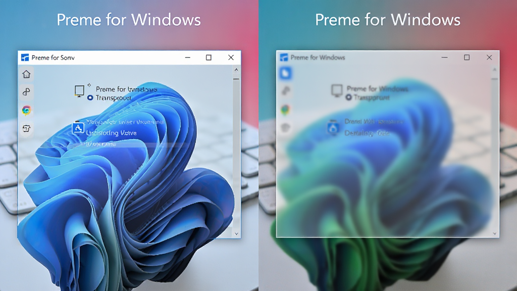 对比图展示Preme for Windows窗口透明效果,左侧为普通窗口,右侧为应用了磨砂半透明效果的窗口,背景有彩色渐变,窗口边缘柔和,界面文字清晰,风格简洁,细节精致